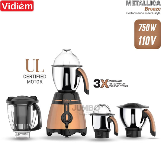 Vidiem Metallica BRONZE 750W / 110V Stainless Steel Jars - Indian Mixer Grinder USA